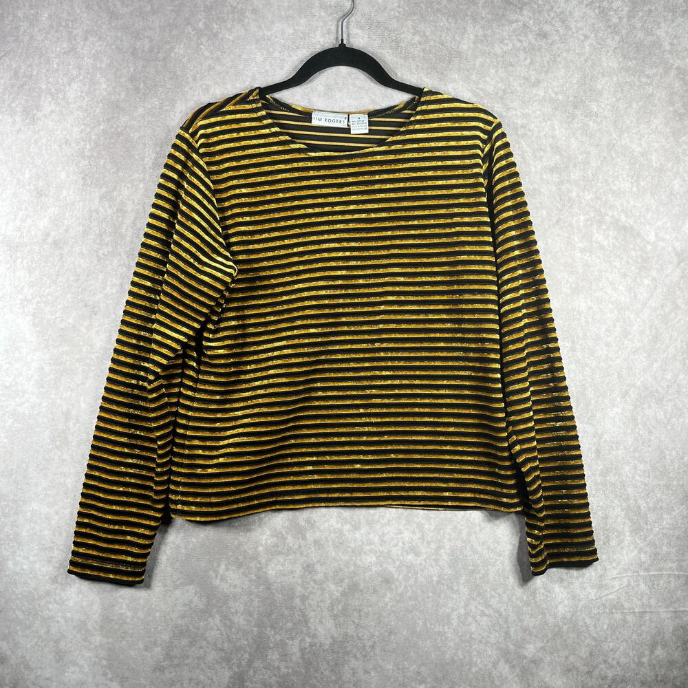 Kim Rogers Shirt Medium Black Yellow Stripe Velvet Crew Neck Long Sleeve Y2K